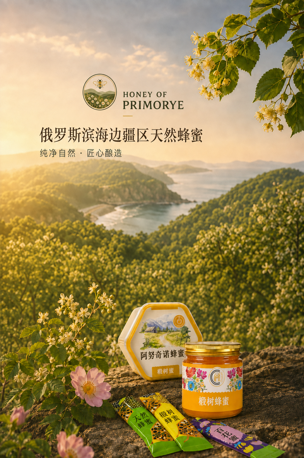 Honey of Primorye products in a coastal landscape